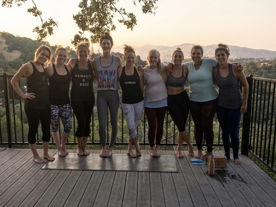 Retreat group gathered on the view deck at sunset after a yoga session — Marin Vista Retreat, San Rafael